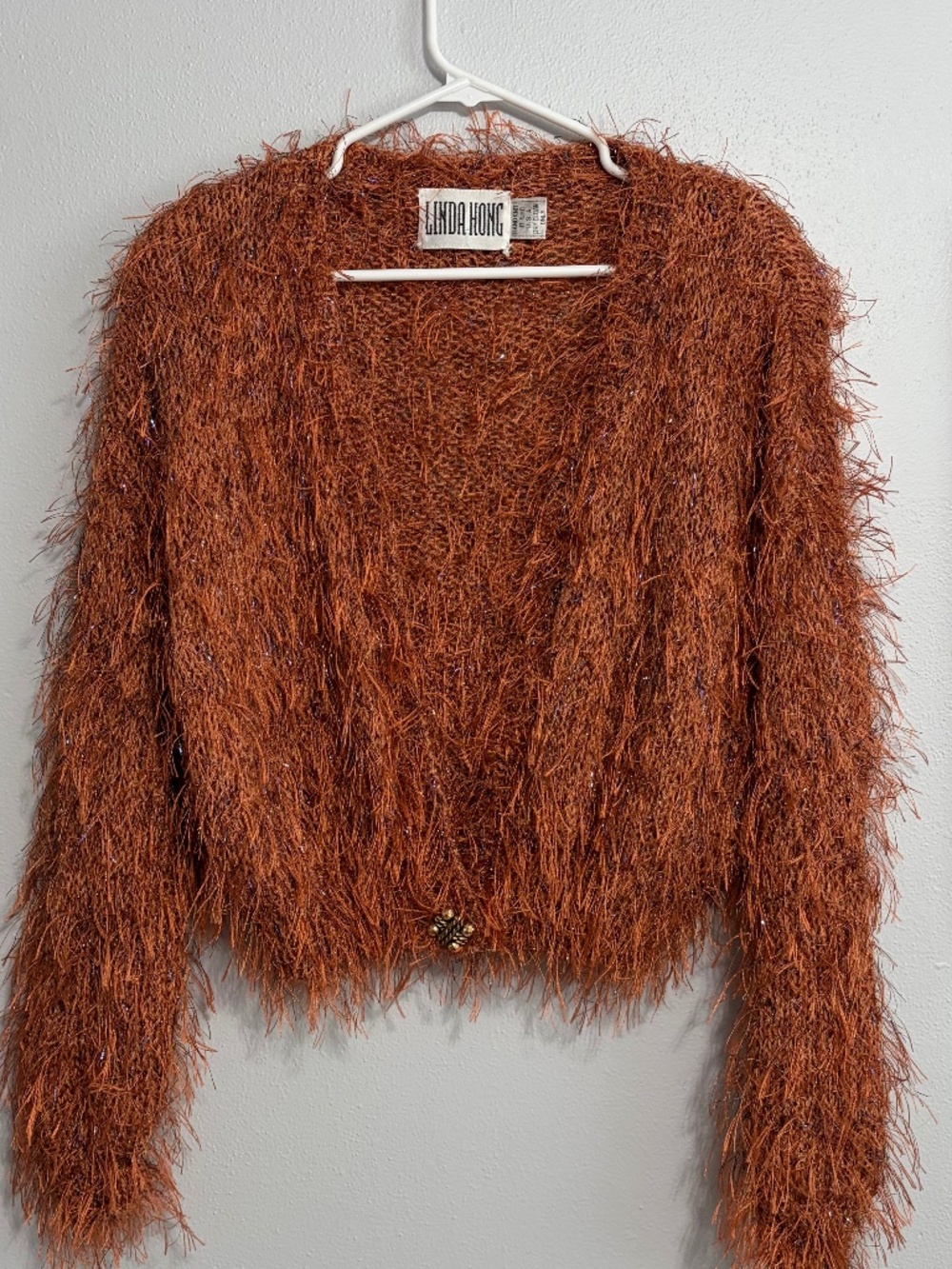 Linda Hong Hand Knit Orange Sparkle Fuzzy Cardigan S